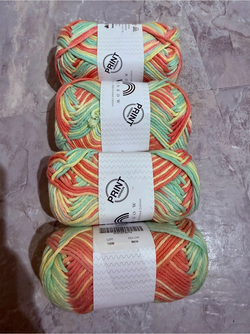 Rainbow 100% Printed Cotton Craft Yarn - Lot of 4 Same Dye Lot 1338 Color 8808